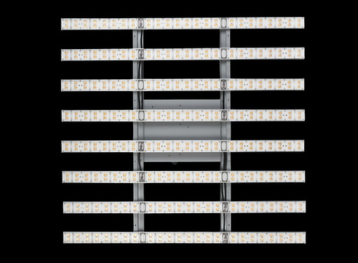 Esttech Halo LED grow light front view, unlit, showcasing patented lensed design